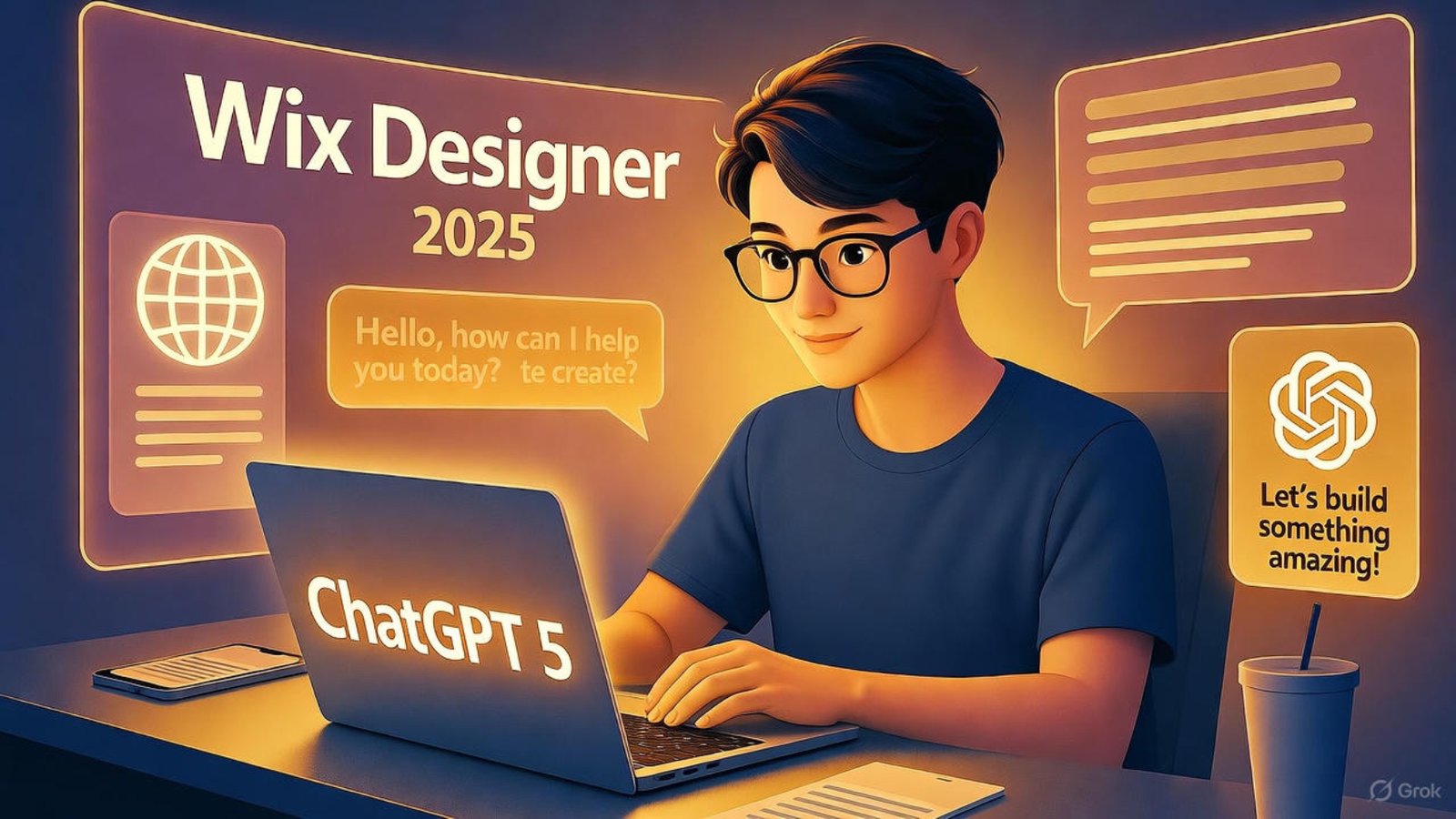 Create an engaging, futuristic illustration of a Wix designer in a sleek 2025 workspace, demonstrating how to use ChatGPT 5 free, surrounded by floating chat interfaces, Wix project previews, and code snippets, using warm vibrant colors and a confident vibe to inspire hiring, redirecting to a portfolio page.