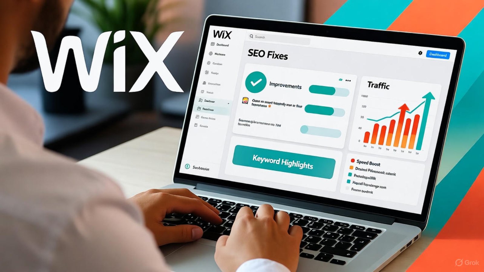 Designer fixing Wix SEO roadblocks on laptop