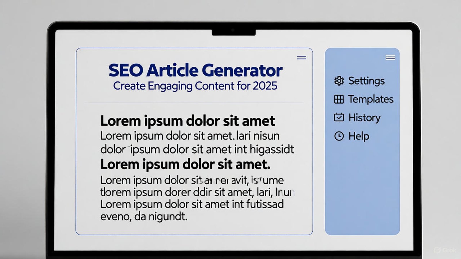 SEO article generator tool interface on a laptop