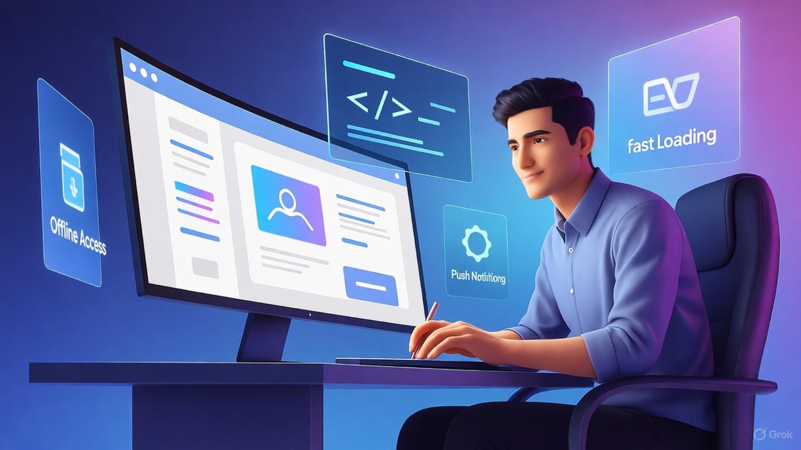 Developer adding progressive web app features to custom website development