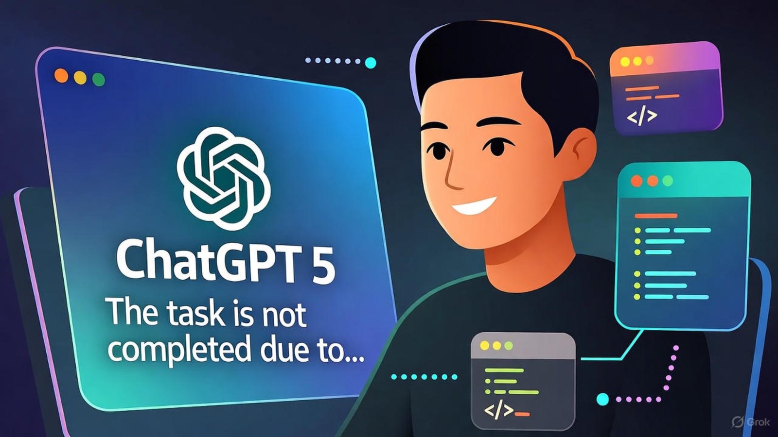Developer using ChatGPT 5 cuts off mid-task on screen with chained prompts
